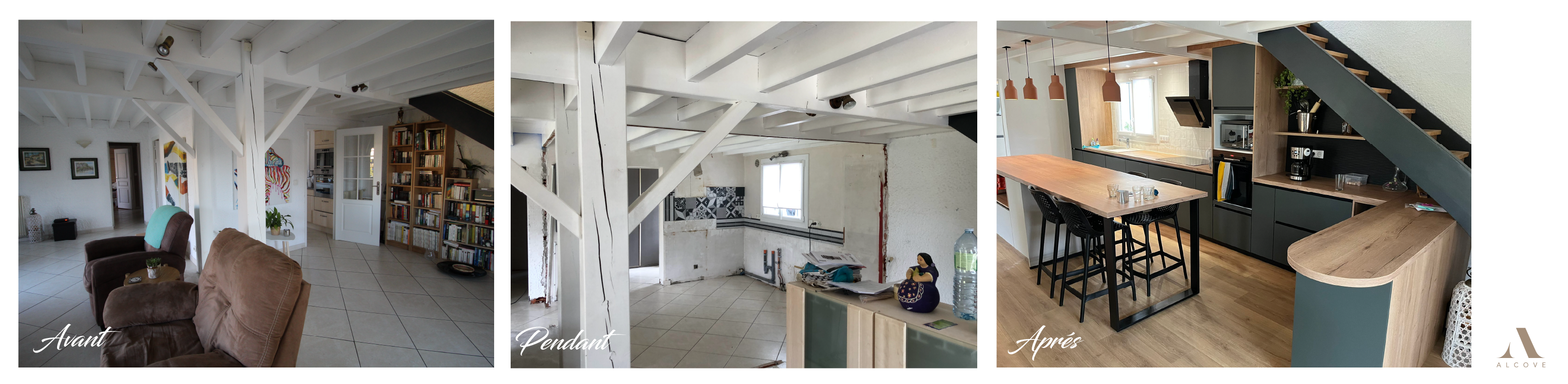 travaux avant pendant apres de la realisation de renovation d'une piece de vie incluant une cuisine avec ilot, un coin café et un escalier