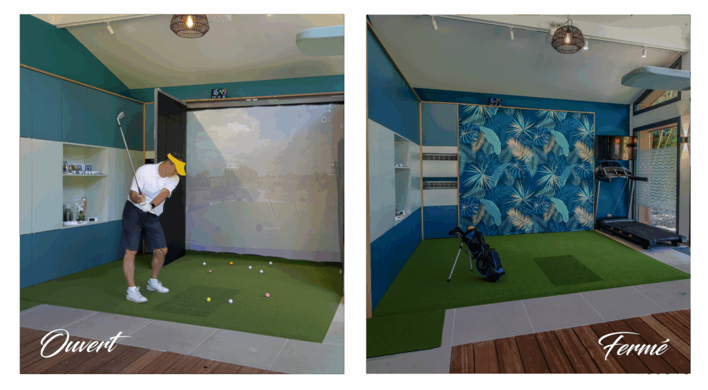 agencement sur-mesure, mobilier creer pour un espace bien etre, zone de practice de golf virtuel et meuble de rangement pour des clients sportifs. Agencement : penser l’espace comme un mouvement